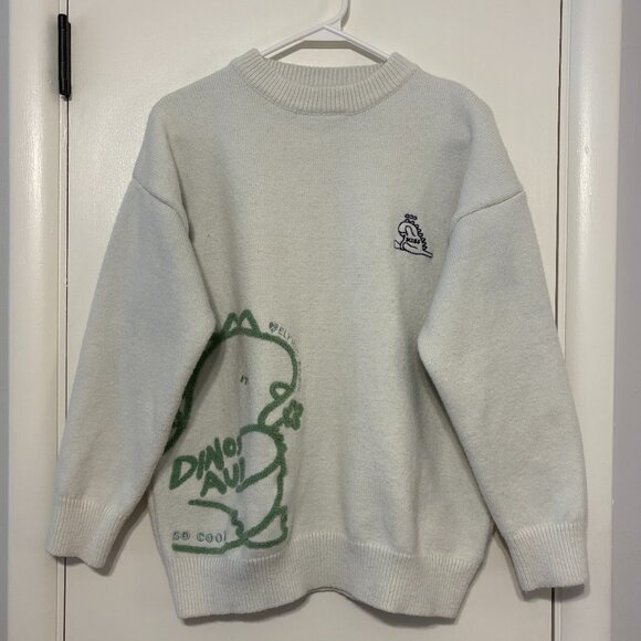 Aelfric Eden Women's Oversized Cartoon Dinosaur Graphic Crewneck Sweater S Cream - Picture 1 of 9